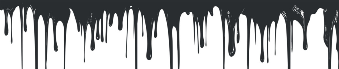 Black paint drips flowing down creating an abstract grunge background with wet liquid texture and streaks