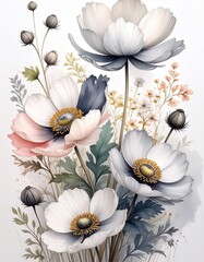 watercolors painting of a beautiful vibrant big Wild Flowers in full bloom and small flowers. 
