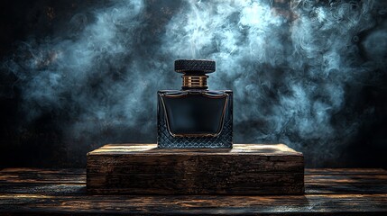 A glass bottle of perfume stands on a rustic wooden platform in front of a dramatic smoky backdrop