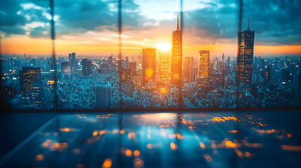 Sunset cityscape view from high above skyscrapers illuminated reflecting on a glass surface below  Vibrant colors dom
