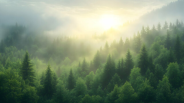 Sunlit fog drifts through a lush green forest illuminating the canopy with a soft ethereal glow  Tall evergreens stan