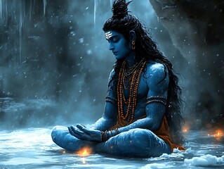 A blue skinned being sits in a lotus position in water. They are adorned with beads and a band. The being has long dark hair. Ice hangs behind them, and snow falls