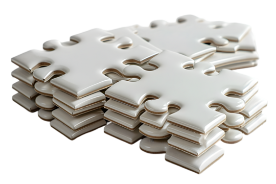 A close up shot of a stack of white jigsaw puzzle pieces on a black background in a studio setting