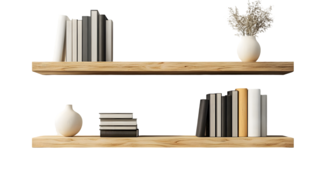 Two wooden shelves with books and vases against a black background in a minimalist style setting
