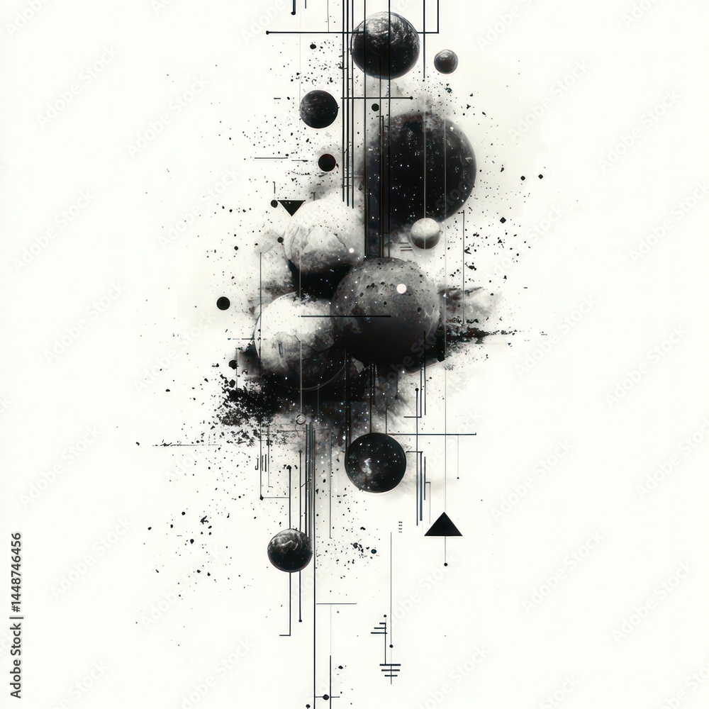 Poster abstract black and white spheres with geometric lines and particle effect