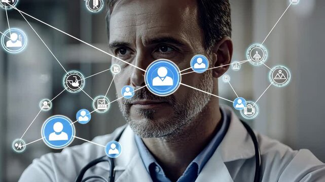 Network of connections represented by icons around a Caucasian male in a medical setting, network of connections with icons over caucasian male doctor