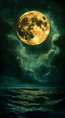 A large golden moon hangs low over a dark turbulent sea under a stormy teal sky  The waves are choppy and the overal