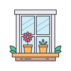 Window with flower pots vector illustration, home decor, interior design, window plants and flowers