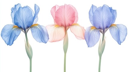 Delicate, pastel-hued irises arranged in a horizontal row.
