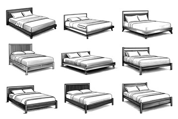 wooden bed designs set drawing style black and white, bedroom furniture collection