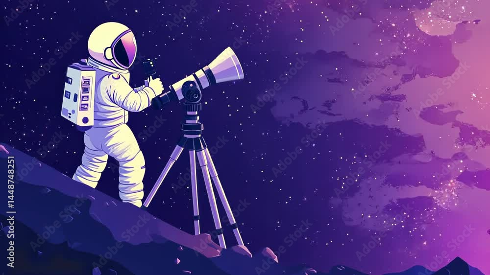Poster exploring the cosmos through a telescope in a cosmic wonderland with an astronaut at night generativ