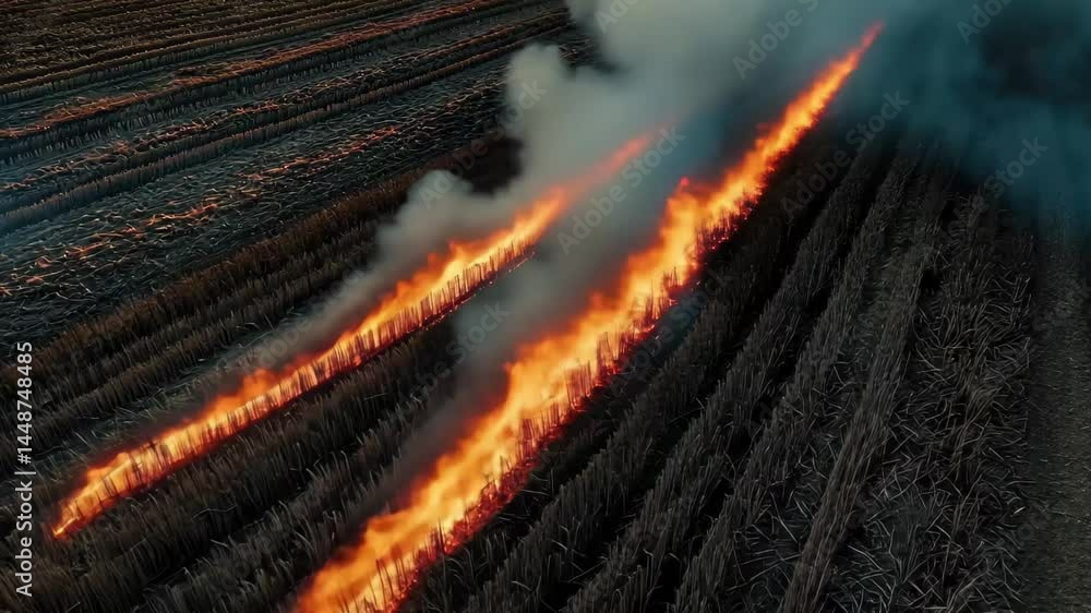 Poster flames spreading across a field at high dusk creating captivating shadows and visual effects, beauti