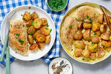 Chicken breast and potatoes in a creamy sauce.top veiw