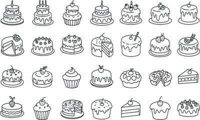 Cake line icon set. Vector pictograms of birthday cakes, wedding, cupcakes, pastry dessert, cheesecake