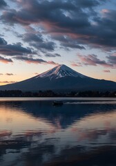 Majestic Mount Fuji Reflecting in Serene Lake Waters at Twilight, a Breathtaking Vista of Natural Beauty and Tranquility, Japan Landscape