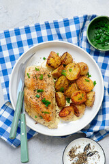 Chicken breast and potatoes in a creamy sauce.top veiw