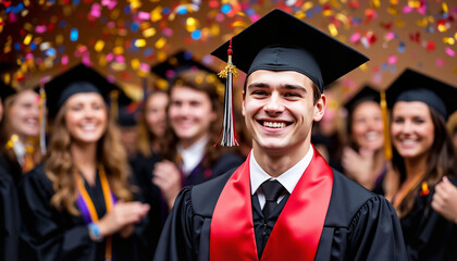 Happy graduate celebrating with classmates against colorful confetti  