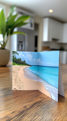 Fototapeta premium Serene beach scene turquoise water gently lapping on a sandy shore palm trees lining the coast under a partly cloudy s
