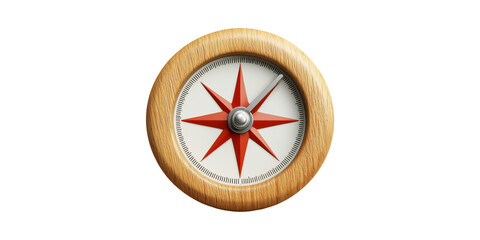 Wooden Framed Compass With Red Star Design. Navigation And Direction Symbolism Isolated On Transparent Background