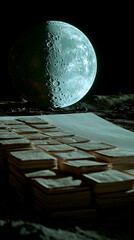 Stacks of documents on a lunar surface with a moon and earth in the background