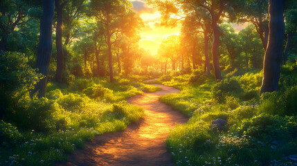 Obraz premium Sunlit path winds through lush green forest bathed in warm golden light of setting sun Grass and wildflowers line the
