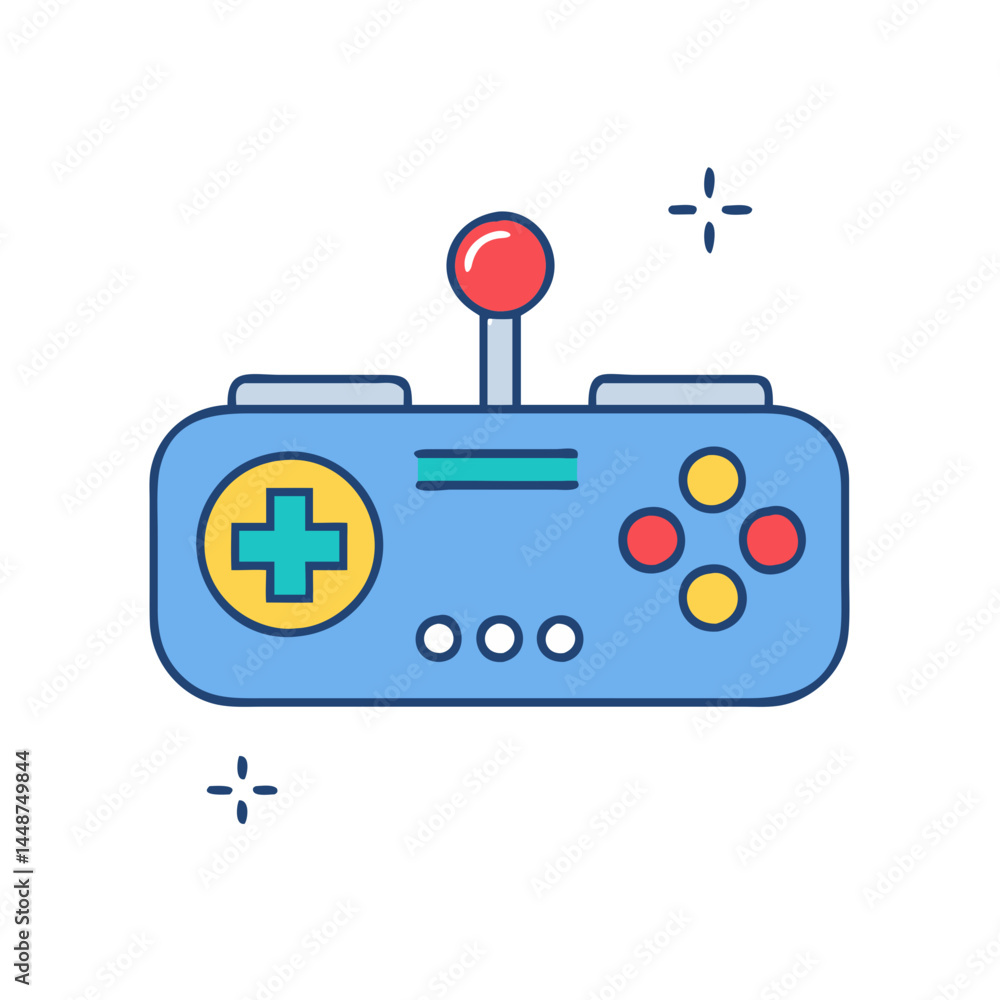 Aufkleber illustration of a blue retro video game controller with joystick and buttons for gaming fun