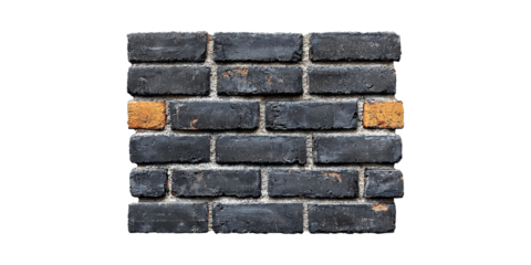 Black Brick Wall With Two Orange Bricks. Architectural Design And Construction Material Concept Isolated On Transparent Background