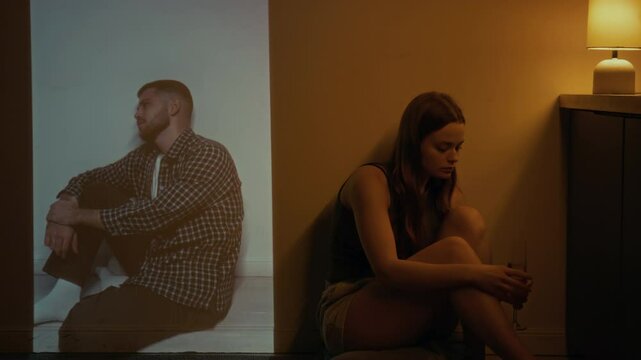 Full low key shot of sad and offended young woman sitting on floor with glass of champagne and thinking about ex-boyfriend, experiencing painful breakup