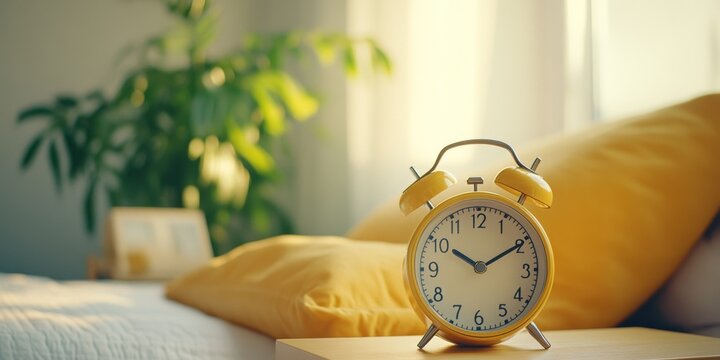 Yellow clock on bedstand with soft focus background of plant and windows.