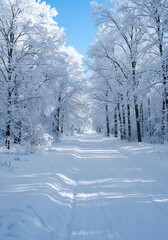 Obraz premium Serene winter landscape featuring a snow-covered road through a frosted forest under a clear blue sky portraying the magic of the season