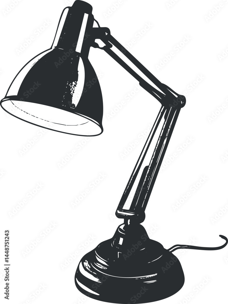 Poster black and white illustration of an adjustable desk lamp with a round base and shade for focused task
