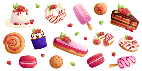 A set of delicious raspberry desserts on a white background. The concept of confectionery, baking, cooking. Isolated vector illustrations for menu design, posters, banners, covers