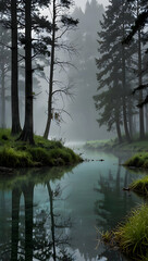 Obraz premium A photo of a serene lake covered with morning mist. The soft light filters through the fog, casting a dreamy atmosphere over the scene. The background reveals a mountain range with rocky terrain