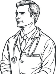 Black and white line drawing of a male doctor wearing a white coat and stethoscope around neck