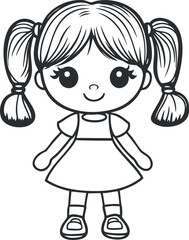 Black and white cartoon illustration of a cute girl with pigtails wearing a dress and shoes