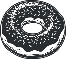 Black and white illustration of a chocolate glazed donut with colorful sprinkles on top