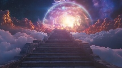 A grand stairway to a celestial orb in a mystical sky.