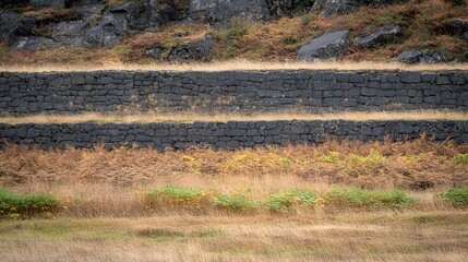 Autumnal Landscape with Stone Walls and Dry Grass