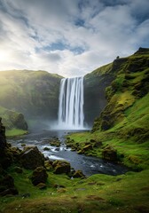 Naklejka premium Majestic Skógafoss waterfall cascading down lush Icelandic highlands, a serene vista of nature's power and tranquil beauty, with an ethereal glow
