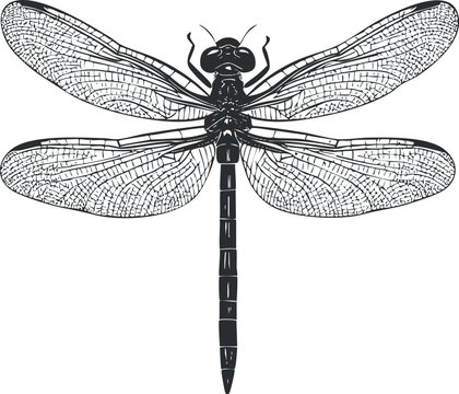 black dragonfly detailed wings on white clip art preview