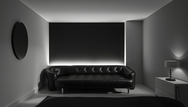 camera da letto moderna con poltrona in pelle nera, silhouette. with white shades