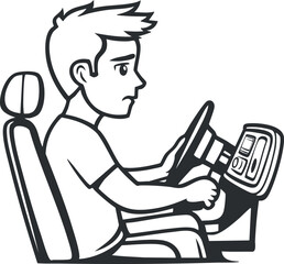 Black and white cartoon illustration of a young man driving a car looking concerned and focused