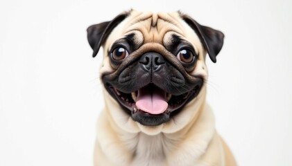 Playful pug with expressive face, white backdrop, eyes, face, joyful