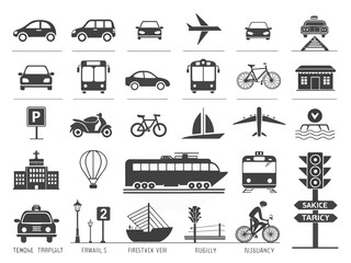 Collection of transportation icons including cars planes trains and bicycles in black and white style