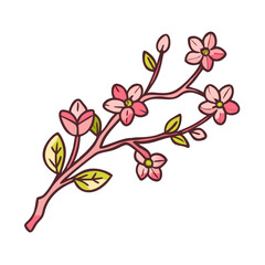 Illustration of blooming cherry blossom branch with pink flowers and green leaves design element