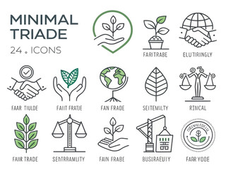 Collection of twelve different icons representing concepts like fair trade and sustainability themes