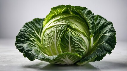 Obraz premium Macro detail of a green cabbage half with compact layered leaves and realistic texture on a clean white studio background