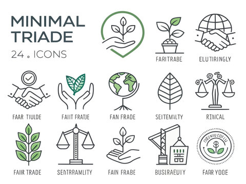 Collection of twelve different icons representing concepts like fair trade and sustainability themes