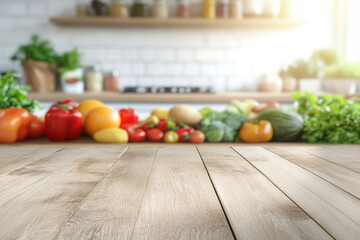 of fresh fruits and vegetables on wooden table vibrant smoothies and nutritious salads organic products in kitchen.
