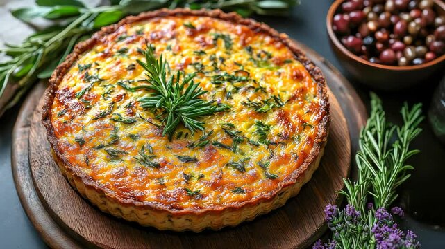 Freshly baked vegetable quiche with colorful toppings of cherry tomatoes, asparagus, and herbs on a wooden cutting board